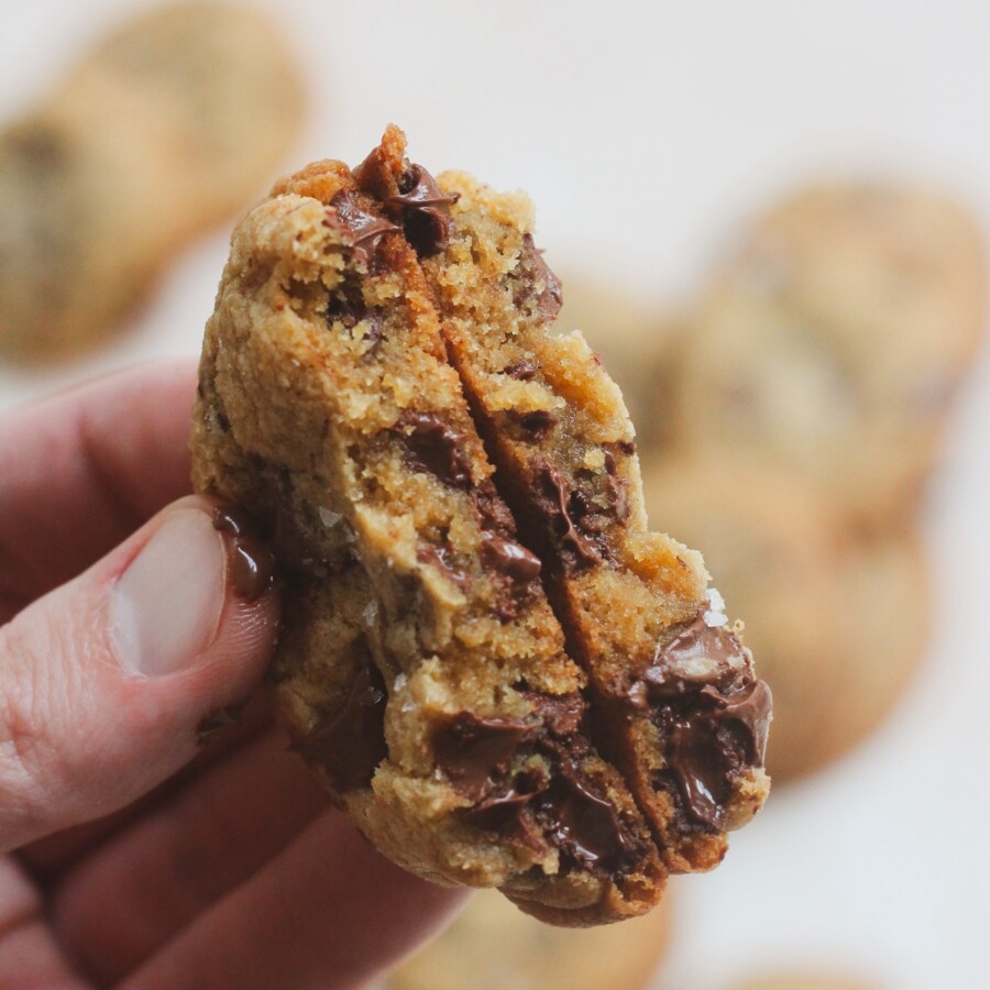 Close up shot of a favorite chocolate chip cookie split in half