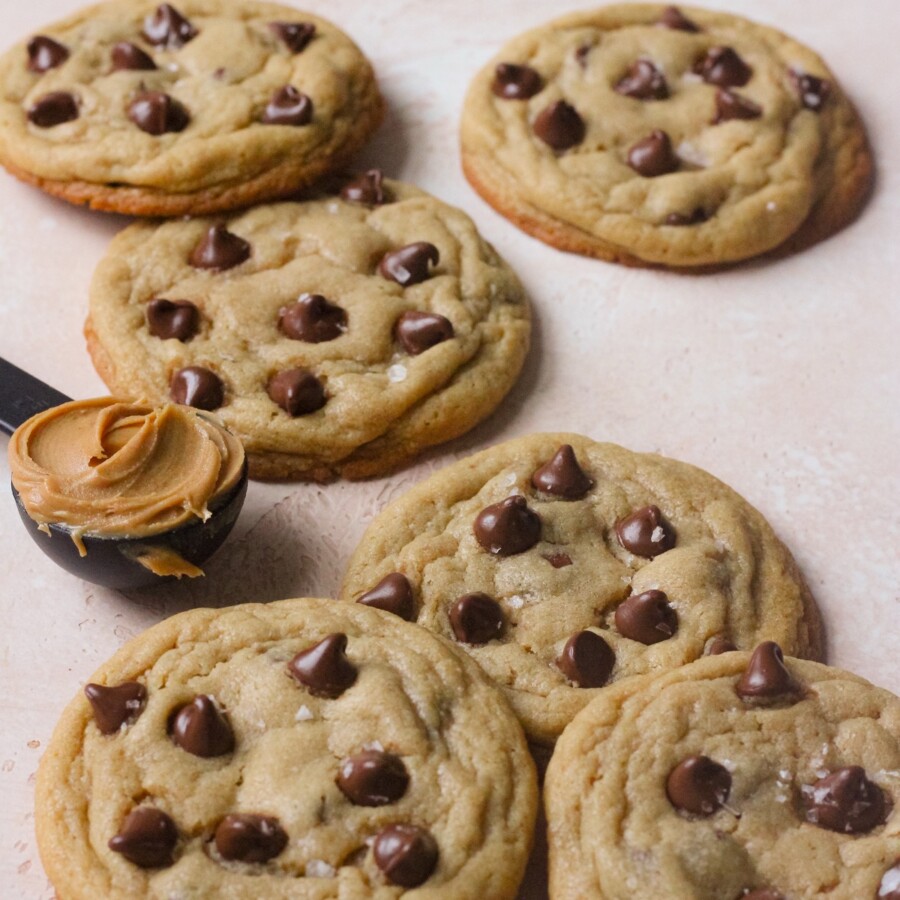 Peanut butter chocolate chip cookies on a pink backdrop