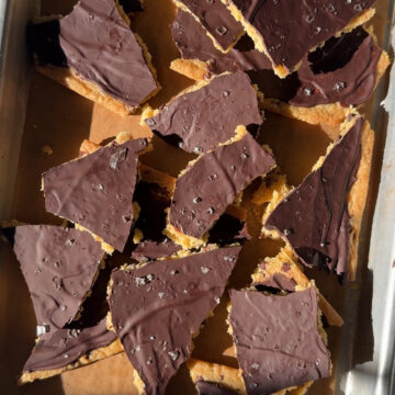 Chocolate chip cookie bark in sunlight