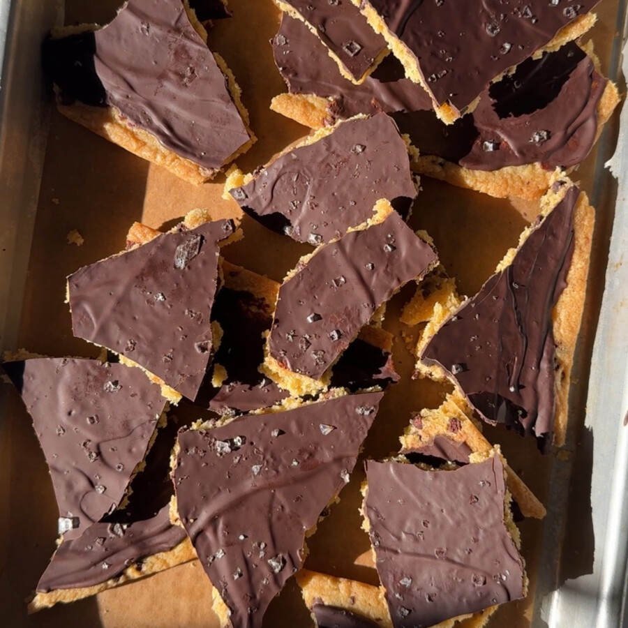 Chocolate chip cookie bark in sunlight