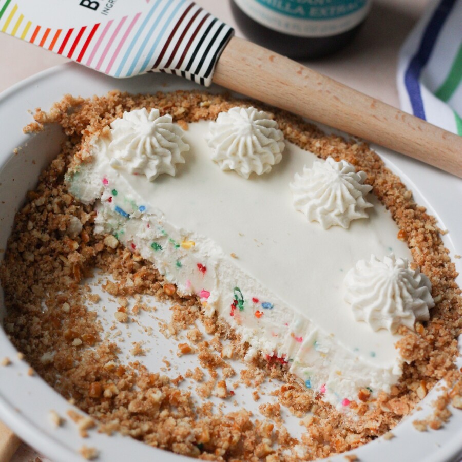 Confetti ice cream pie close up shot.