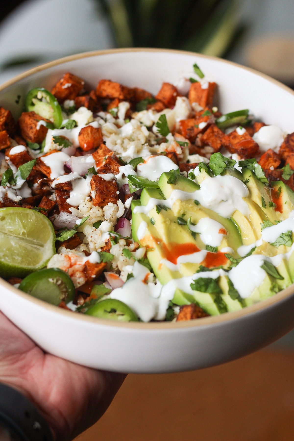 Bowl of roasted sweet potatoes with brown rice, red onion, avocado, and cilantro