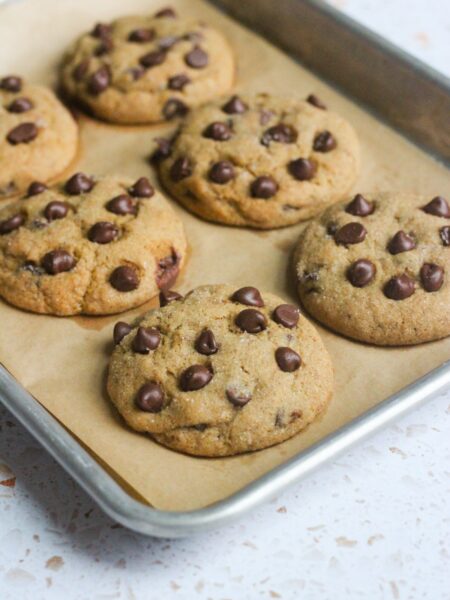 Banana chocolate chip cookies on a baking sheet.