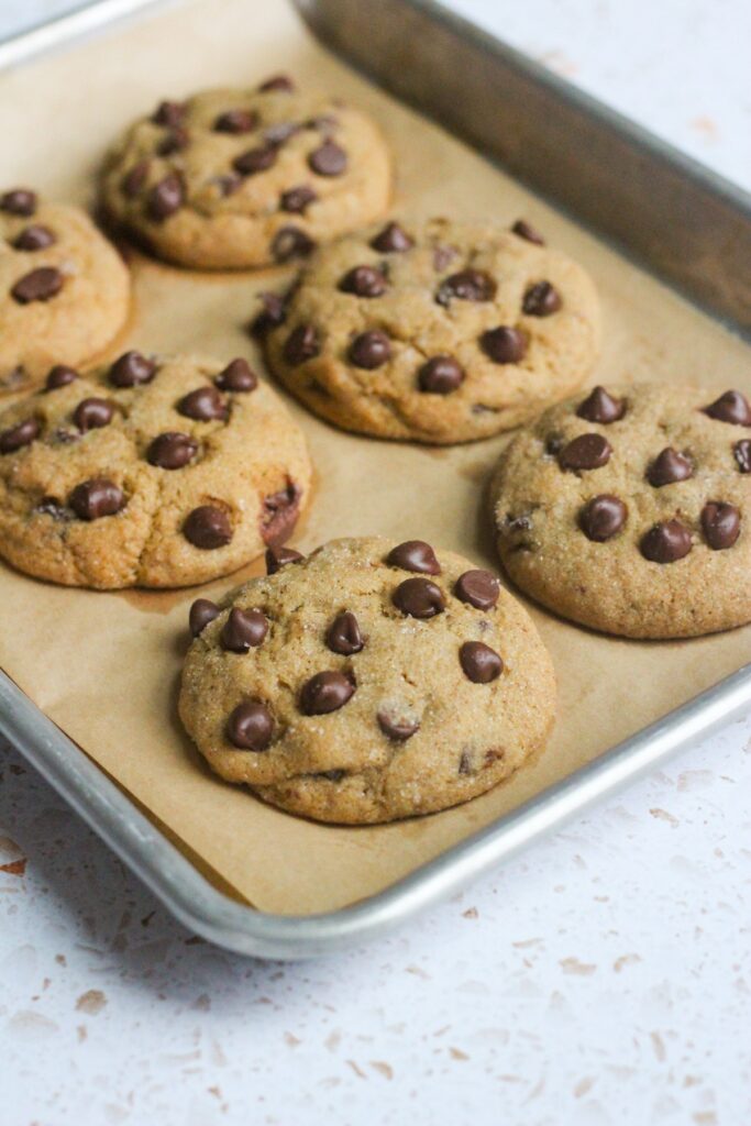 Banana chocolate chip cookies on a baking sheet.