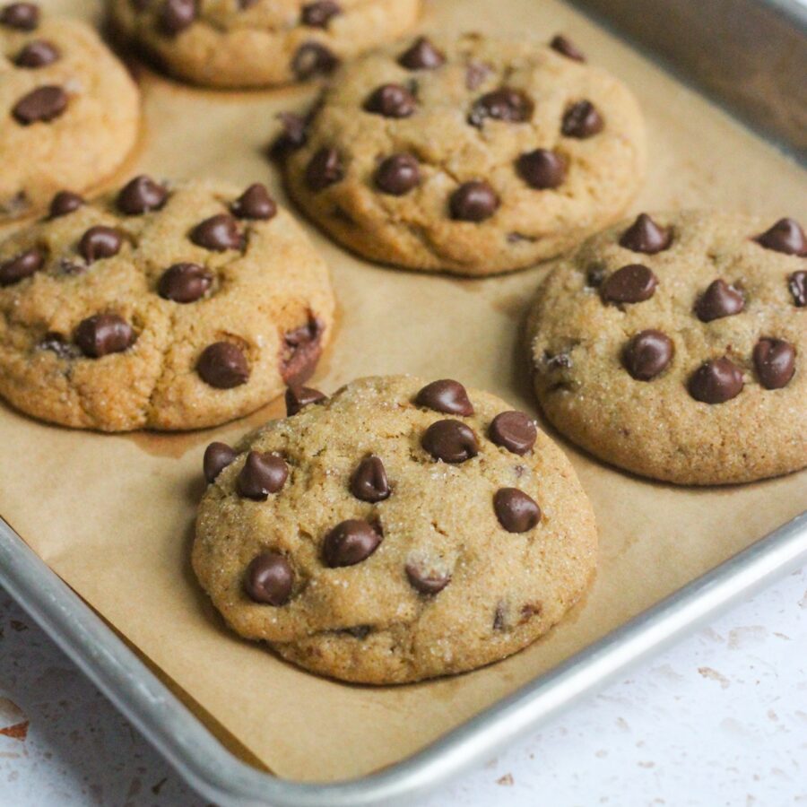 Banana chocolate chip cookies on a baking sheet.
