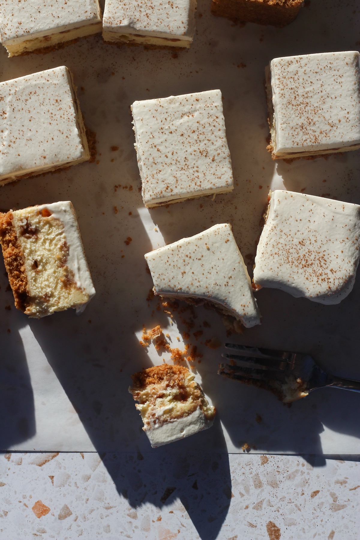 Cinnamon swirl cheesecake bar slices on a backdrop in direct sunlight.