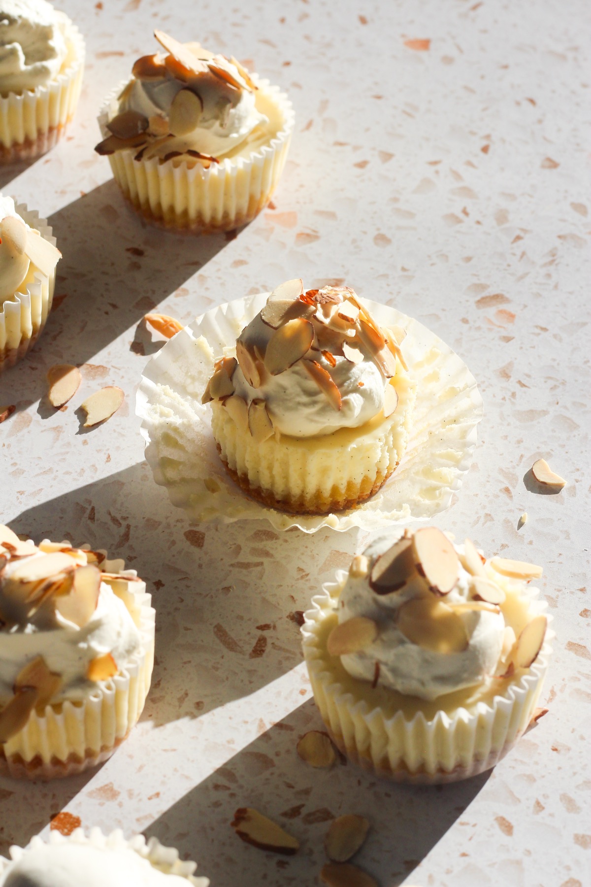 Mini almond cheesecakes topped with whipped cream and toasted sliced almonds, photographed in warm natural sunlight.