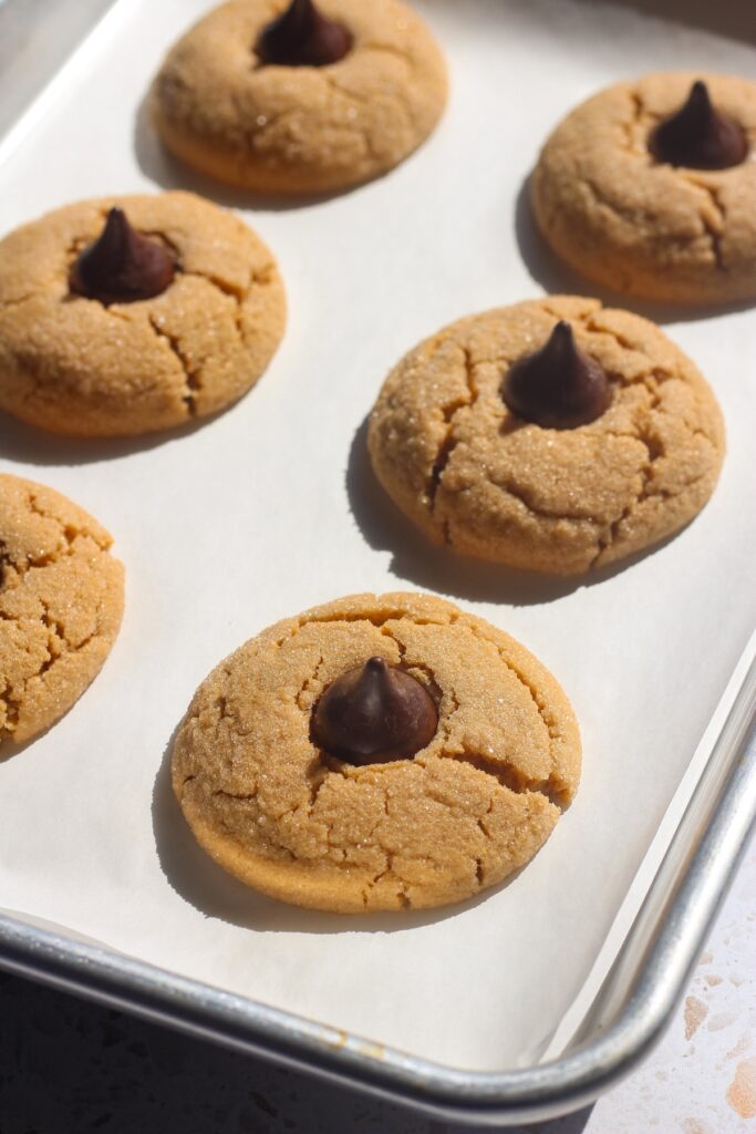 Tray of peanut butter blossoms in direct sunlight.