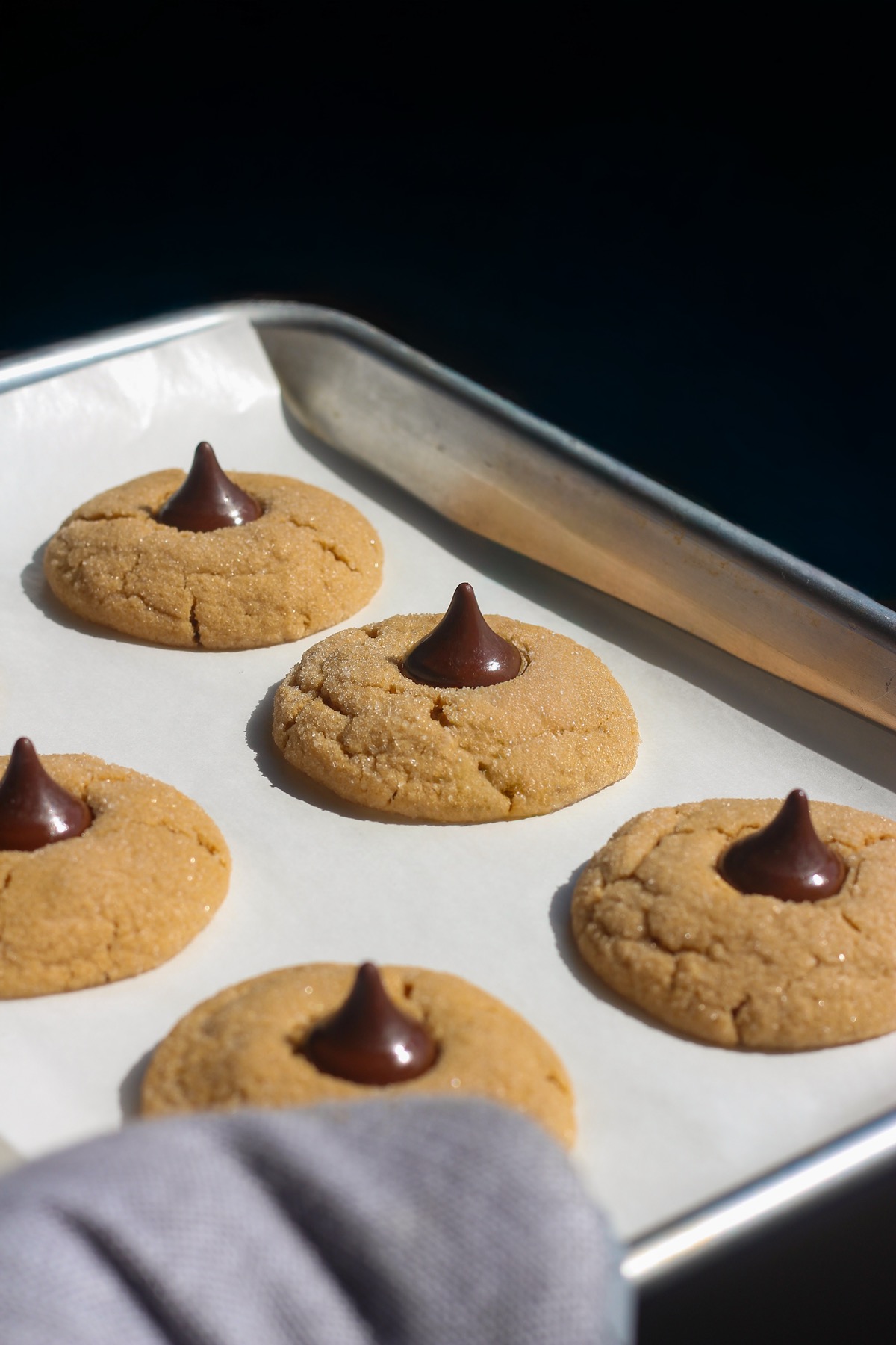 Tray of peanut butter blossoms in direct sunlight.