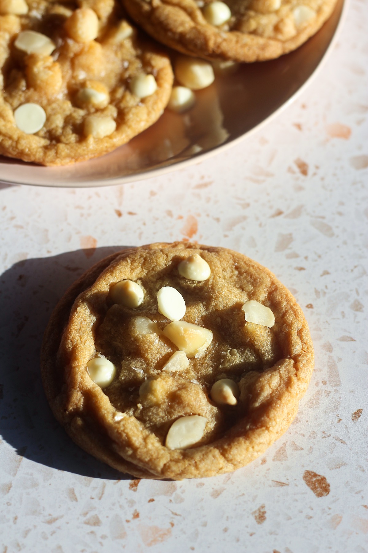 White chocolate macadamia nut cookies in direct sunlight.