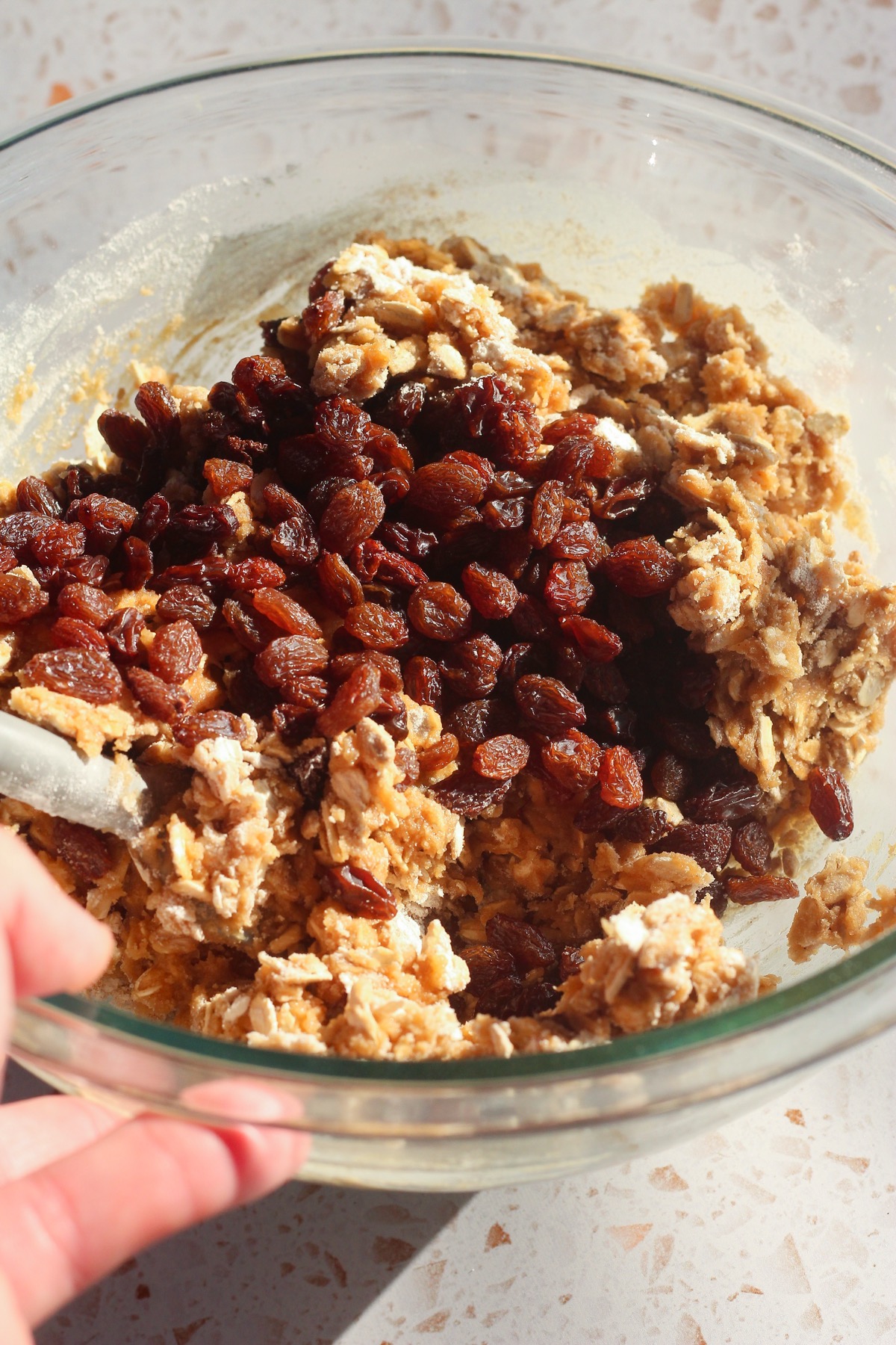 Raisins being added to oatmeal cookie dough in a glass bowl